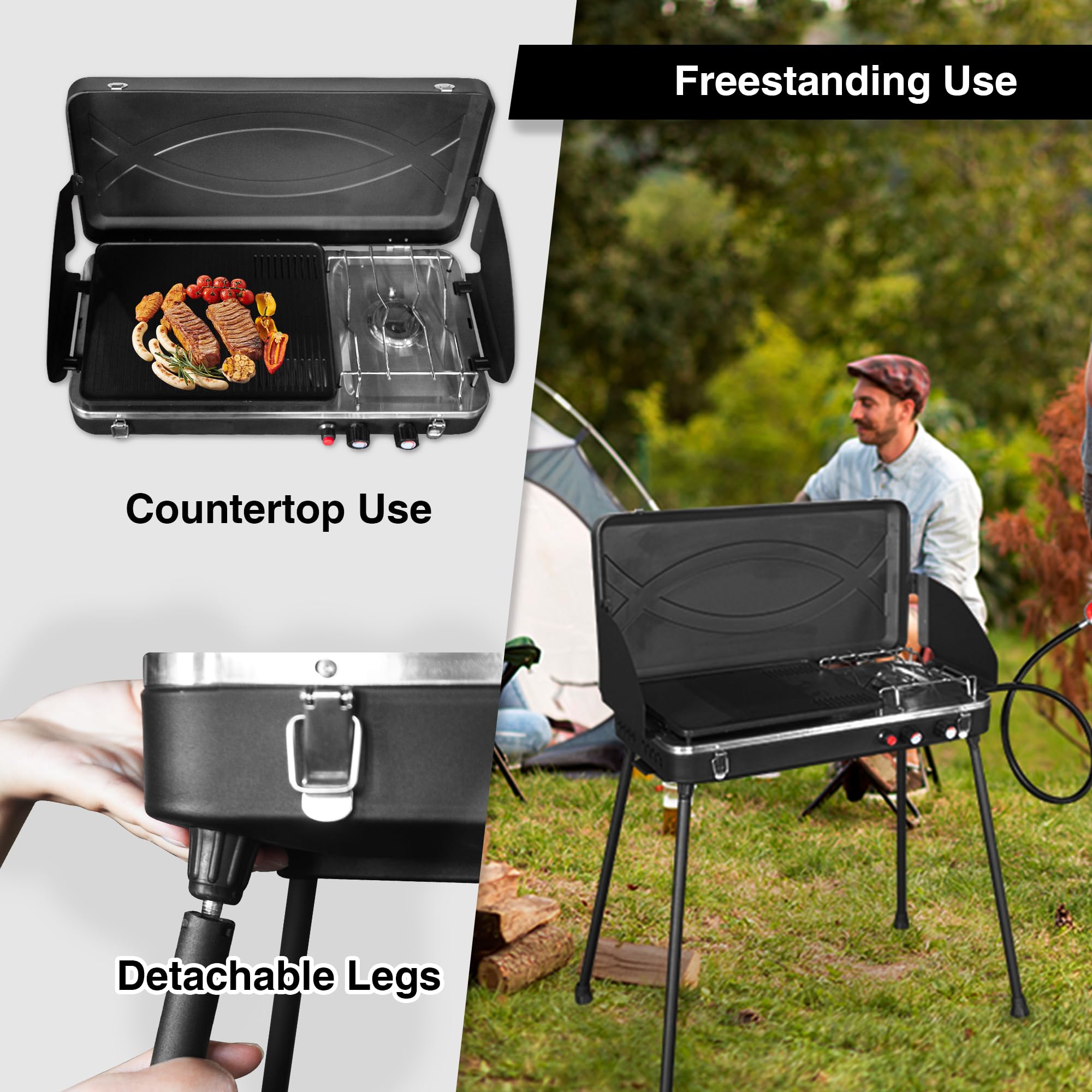 THUNDERBAY two-burner stove in use cooking eggs and pancakes outdoors.