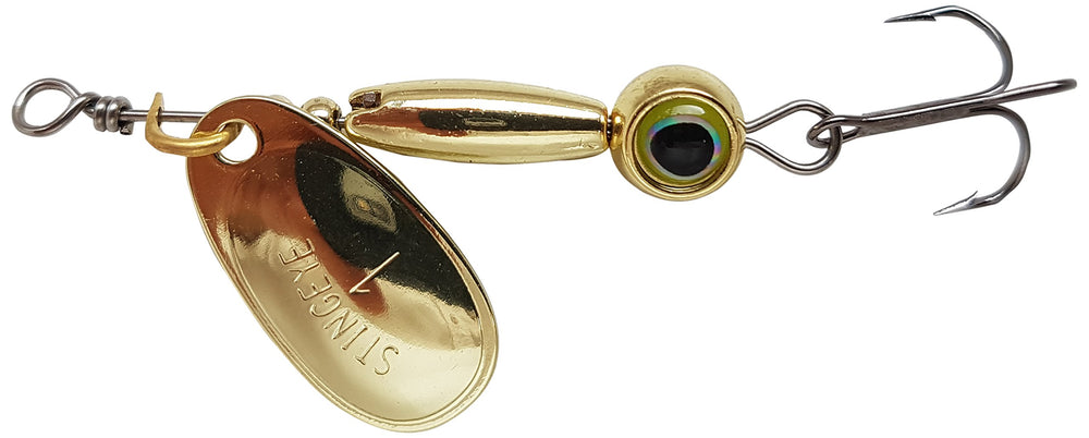 Thundermist Eye#1 Stingeye spinner lure, gold finish, ideal for multi-species freshwater and saltwater fishing.