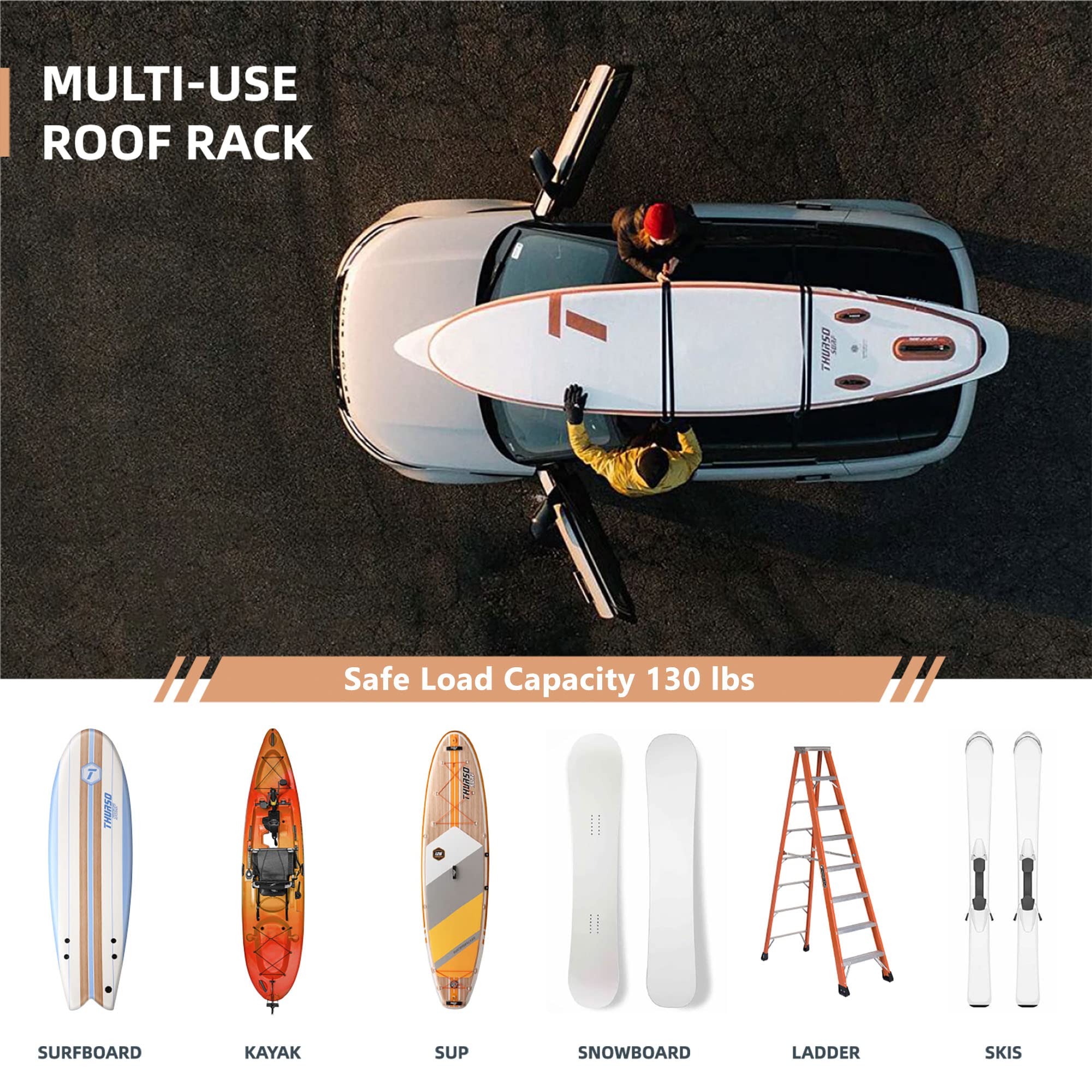 THURSO SURF roof rack supports surfboards with firm, stable mounting.
