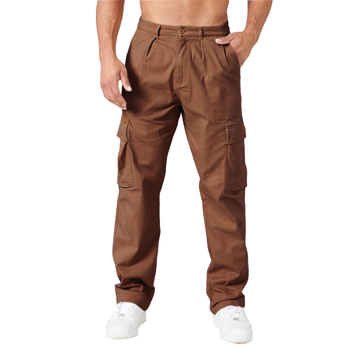 THWEI cargo pants front view in brown for everyday comfort and casual style.