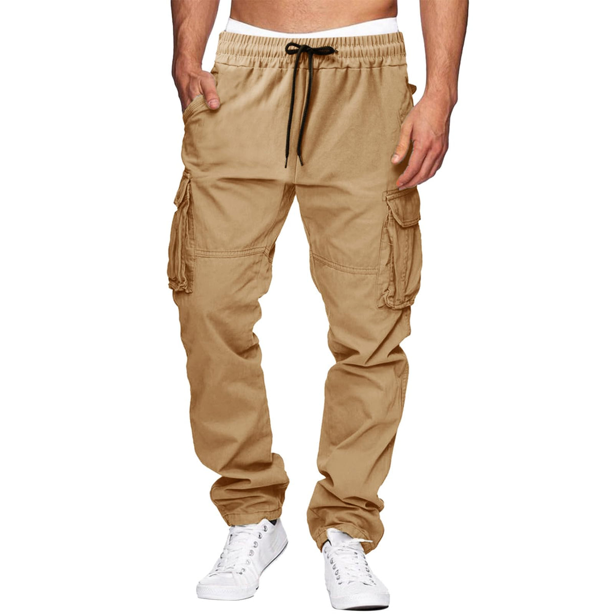 THWEI cargo pants front view showing relaxed fit and six practical pockets.