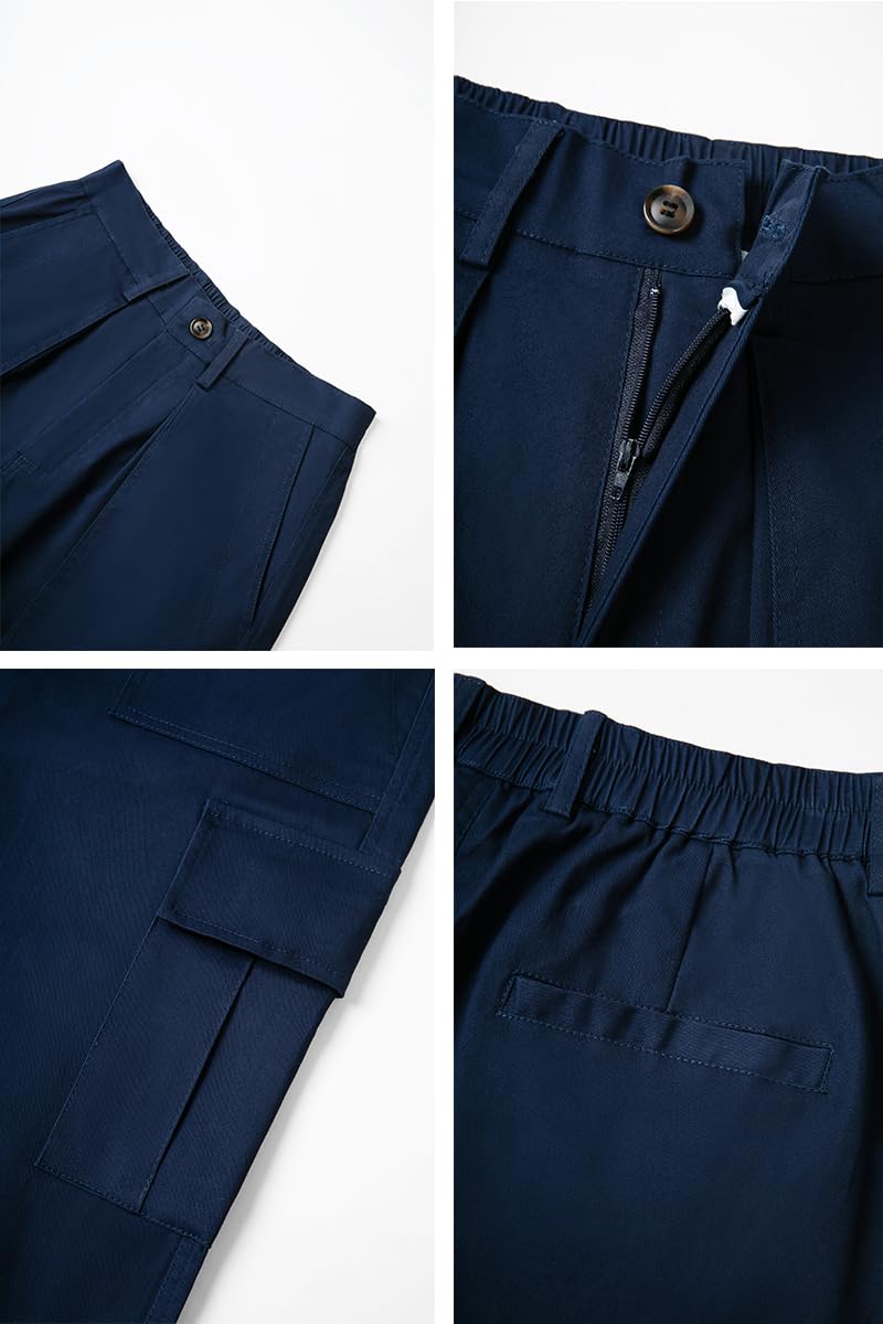 THWEI cargo pants navy relaxed straight-leg focus shows easy movement for work or outdoors.