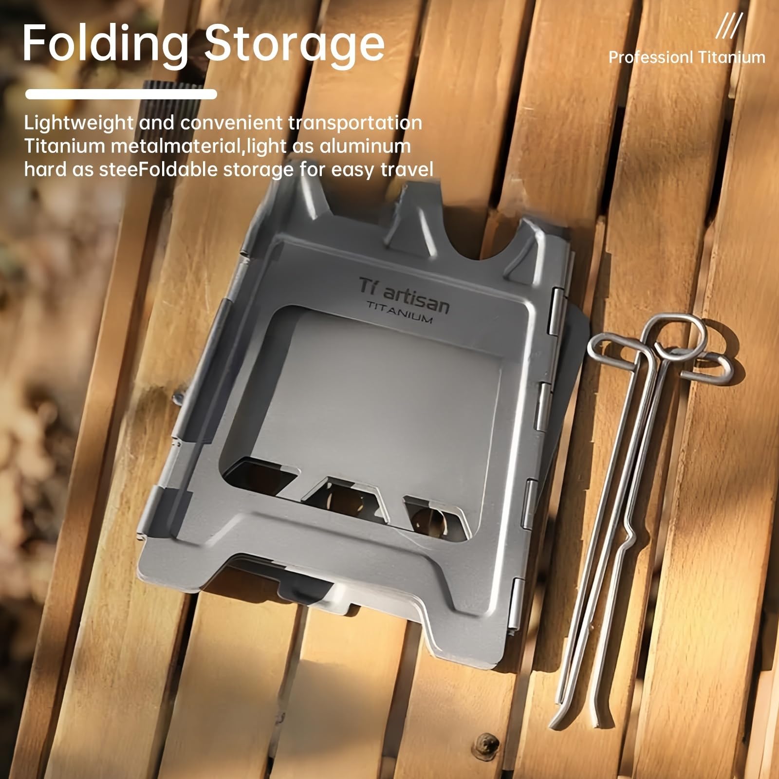 Ti artisan titanium wood burning stove in a camping scene for quick meals.