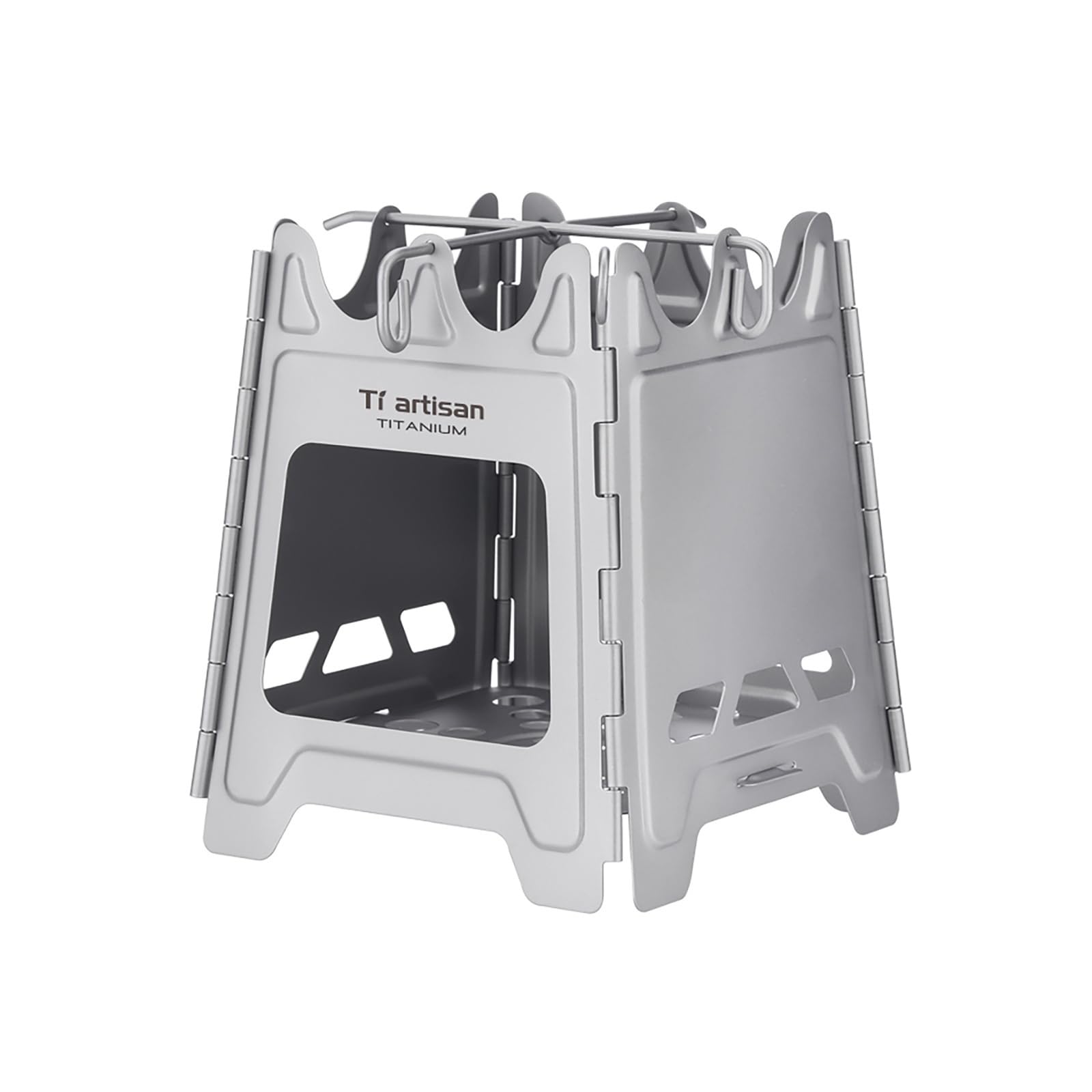 Ti artisan titanium wood burning stove folded for compact backpacking.