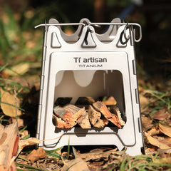 Ti artisan titanium wood burning stove packed in a small backpacking bag.