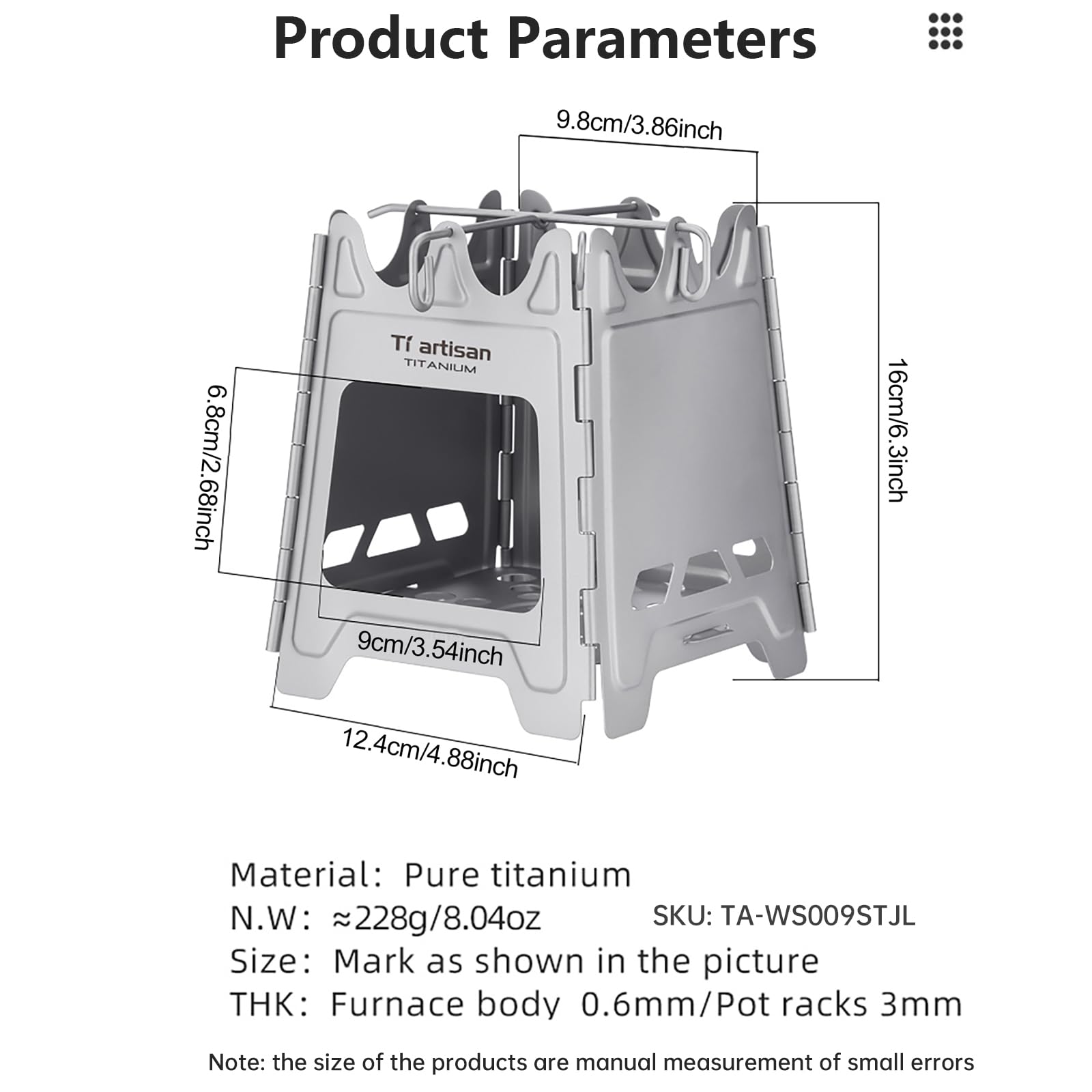 Ti artisan titanium wood burning stove with pot-support system for cookware.