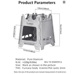 Ti artisan titanium wood burning stove with pot-support system for cookware.