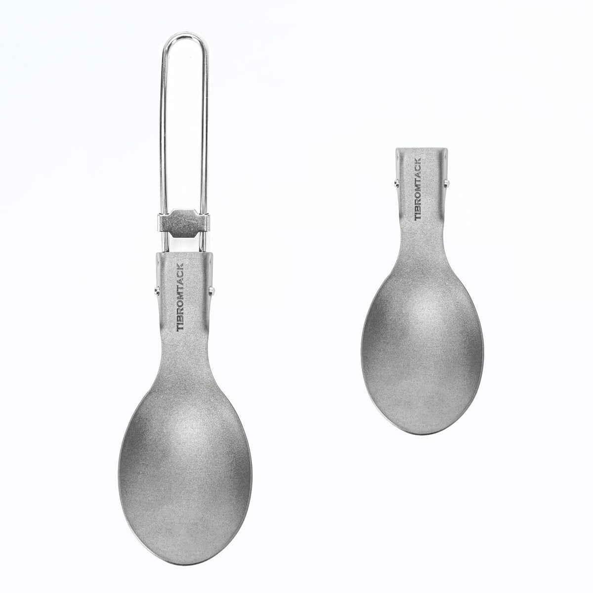 TIBROMTACK titanium folding spoon open showing ultra-light durability for camping meals.