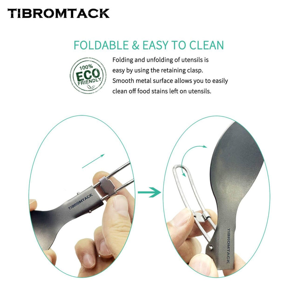 TIBROMTACK titanium spoon in cup illustrating a compact on-the-go dining setup.