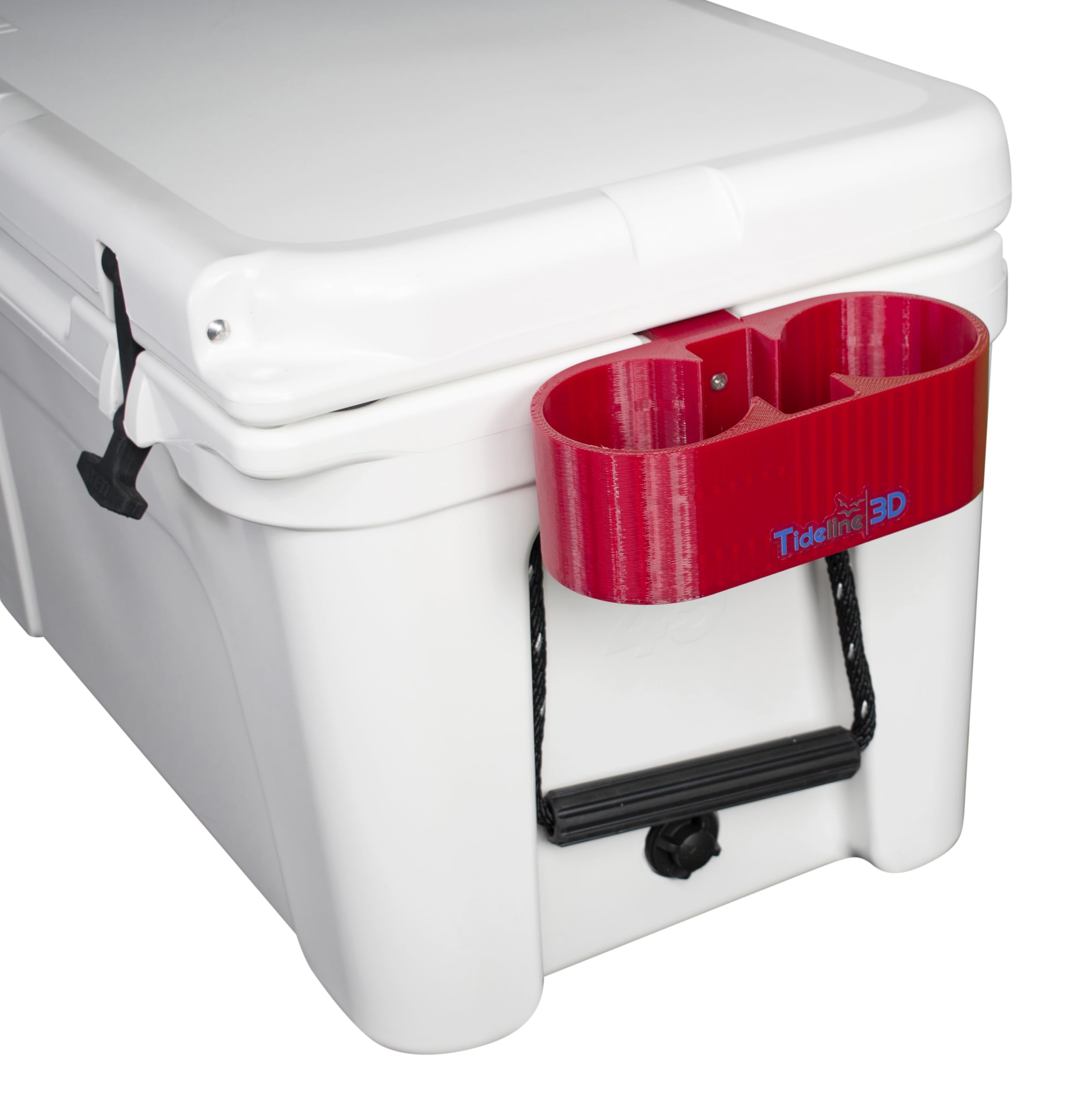Tideline3D cup holder on YETI Tundra side in Candy Red for organized drinks outdoors