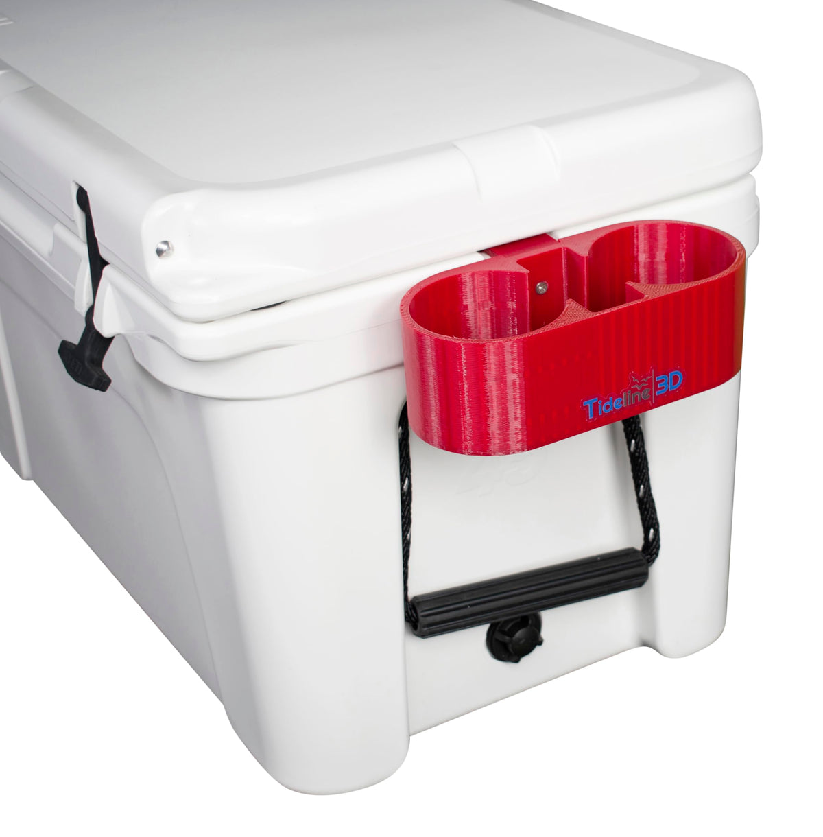 Tideline3D cup holder on YETI Tundra side in Candy Red for organized drinks outdoors