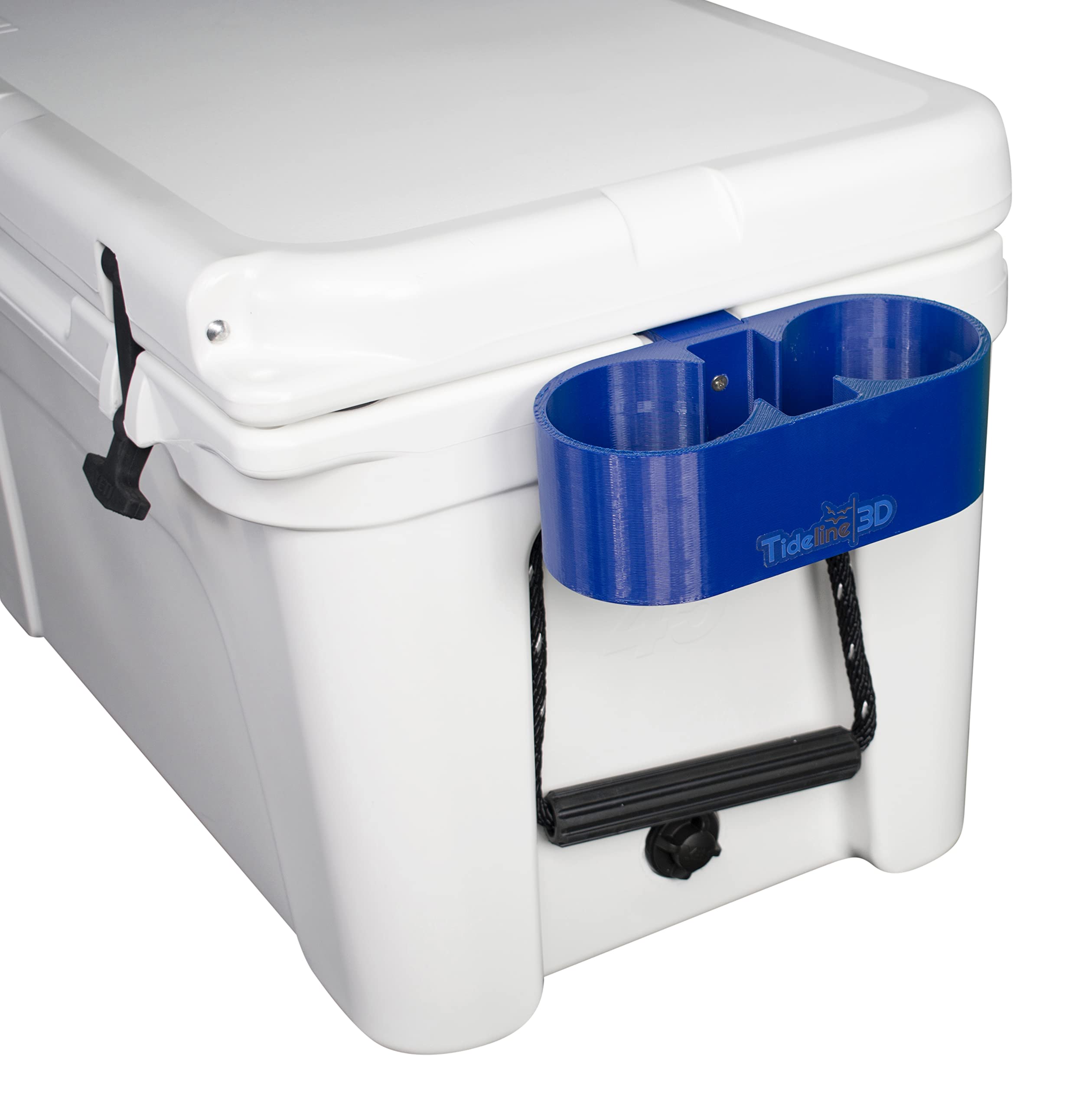 Tideline3D cup holder on YETI Tundra side mount in deep blue keeps drinks secure.