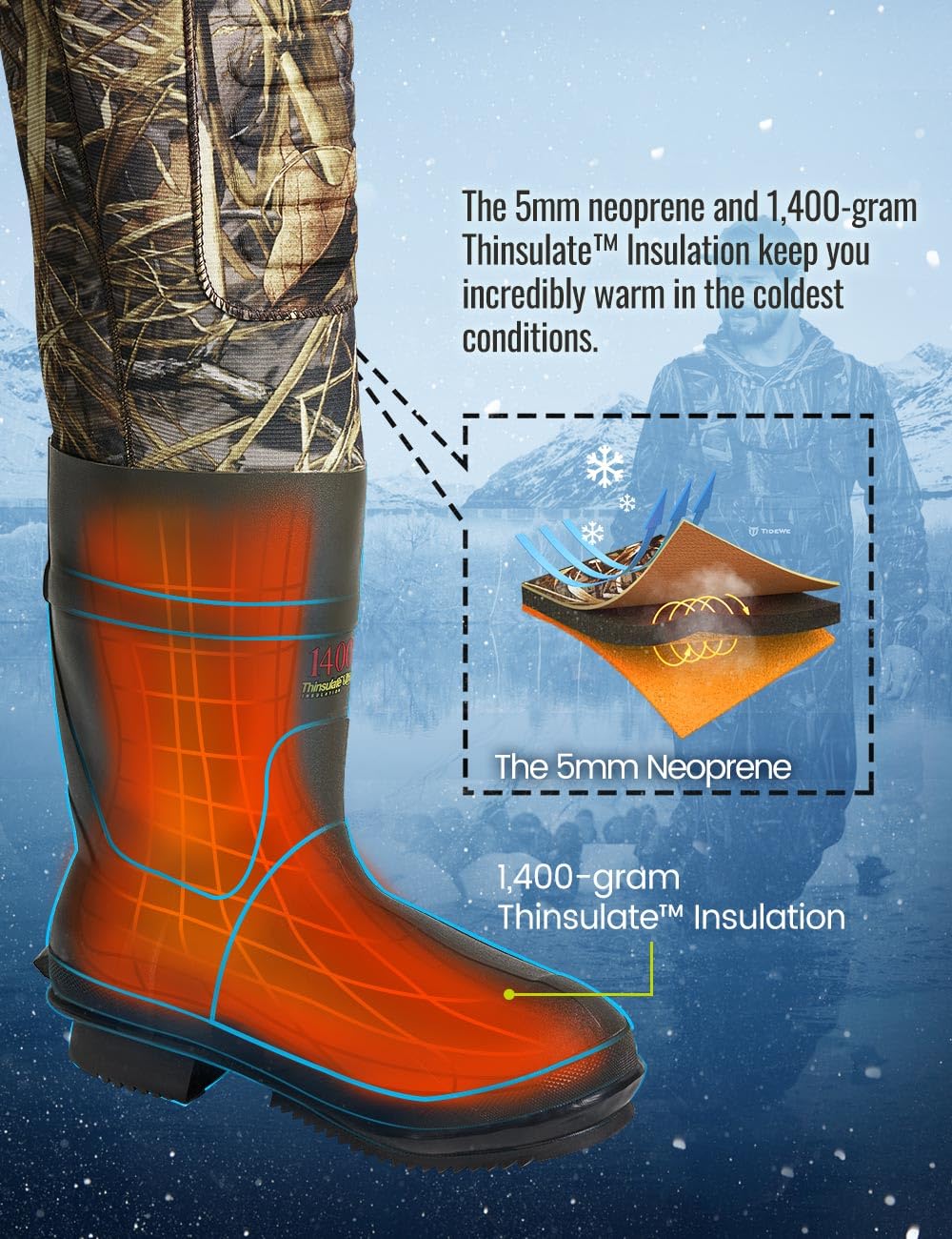 TIDEWE 1400G insulation in boots enhances warmth on cold water days