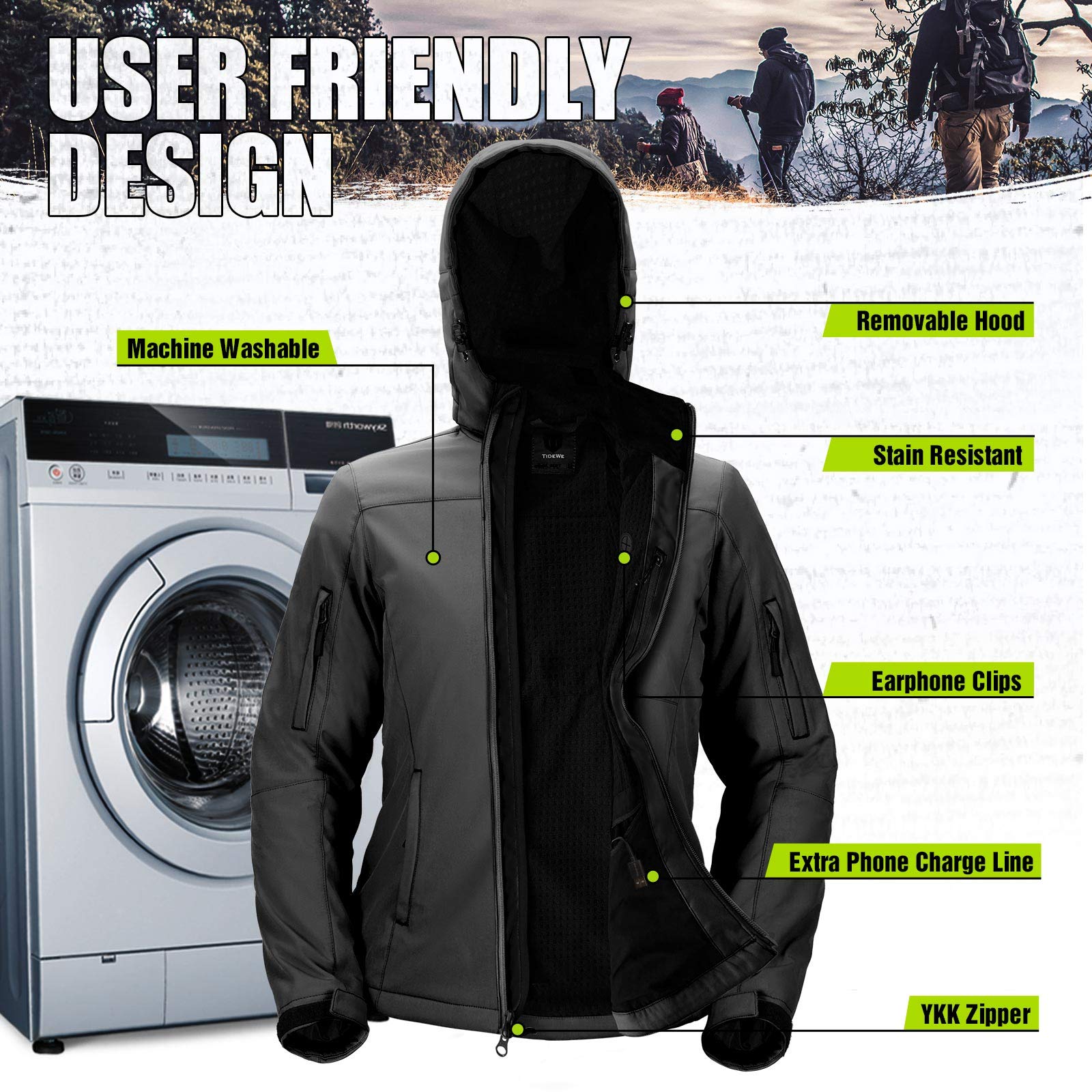 TIDEWE care guide: remove battery and air-dry after washing the jacket.