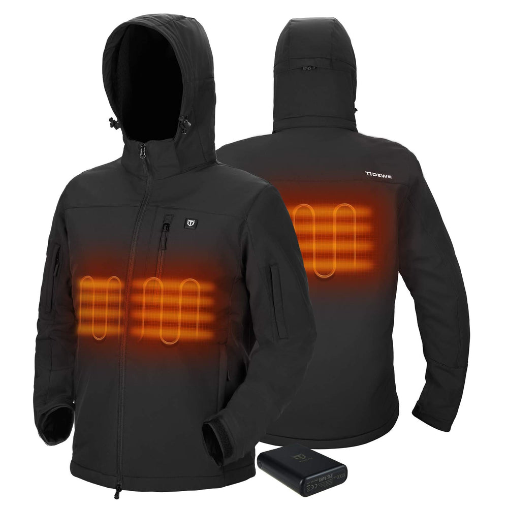TIDEWE heated jacket front view in black showing sleek design and warmth-on-demand capability.