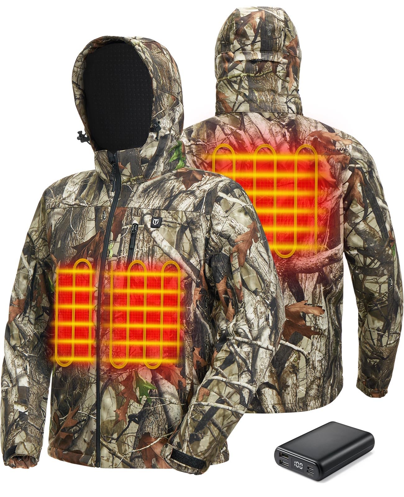 TIDEWE heated jacket front view shows full-coverage warmth for outdoor adventures.