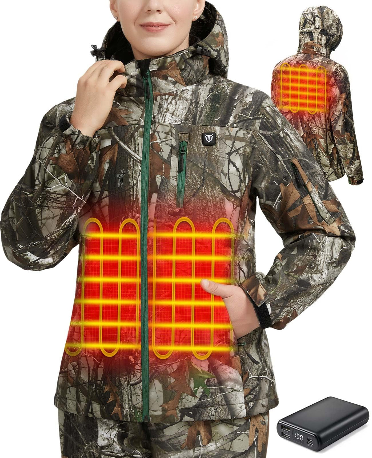 TIDEWE heated jacket women Next Camo G2 with battery pack for portable warmth