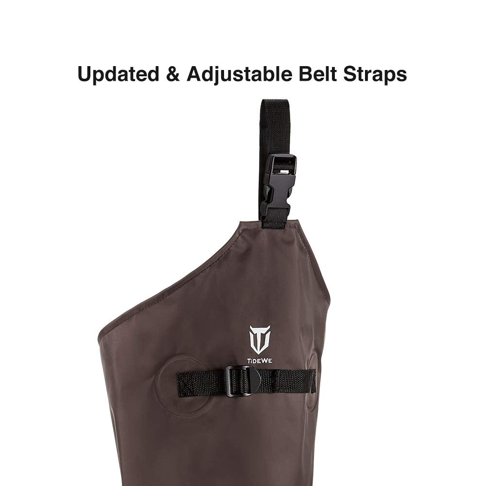 TIDEWE hip wader cleated sole provides traction on wet, uneven terrain.