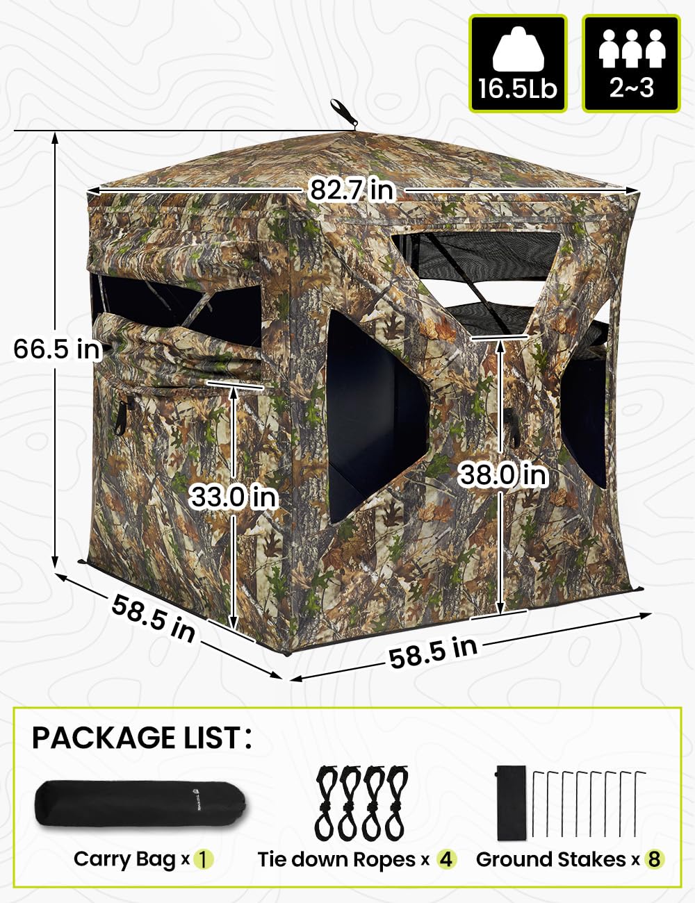 TIDEWE 2-3 person space fits small hunting groups.