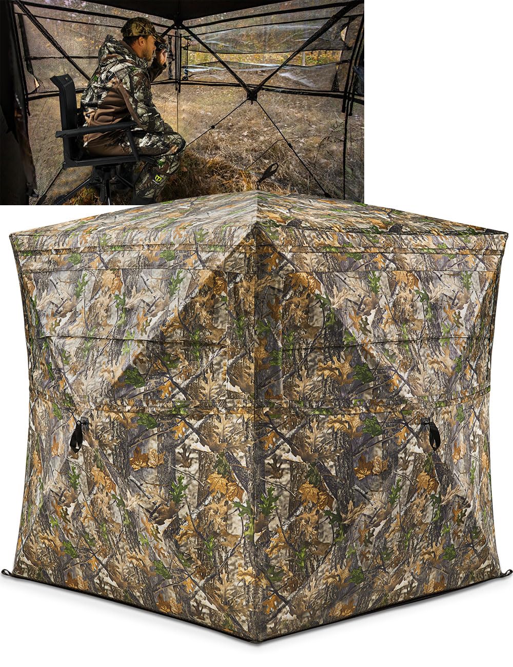 TIDEWE hunting blind with 270° see-through forest fade camo for wide field awareness.