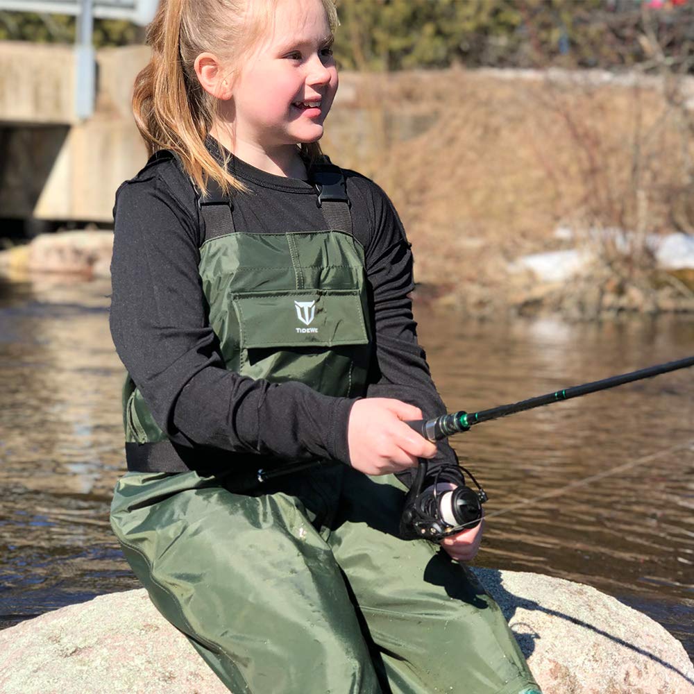TIDEWE Kids chest waders side view highlighting adjustable suspenders for easy on/off