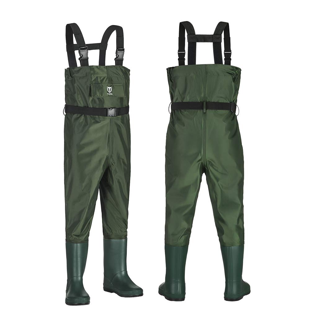 TIDEWE Kids chest waders in use during a wet fishing trip demonstrating dry experience