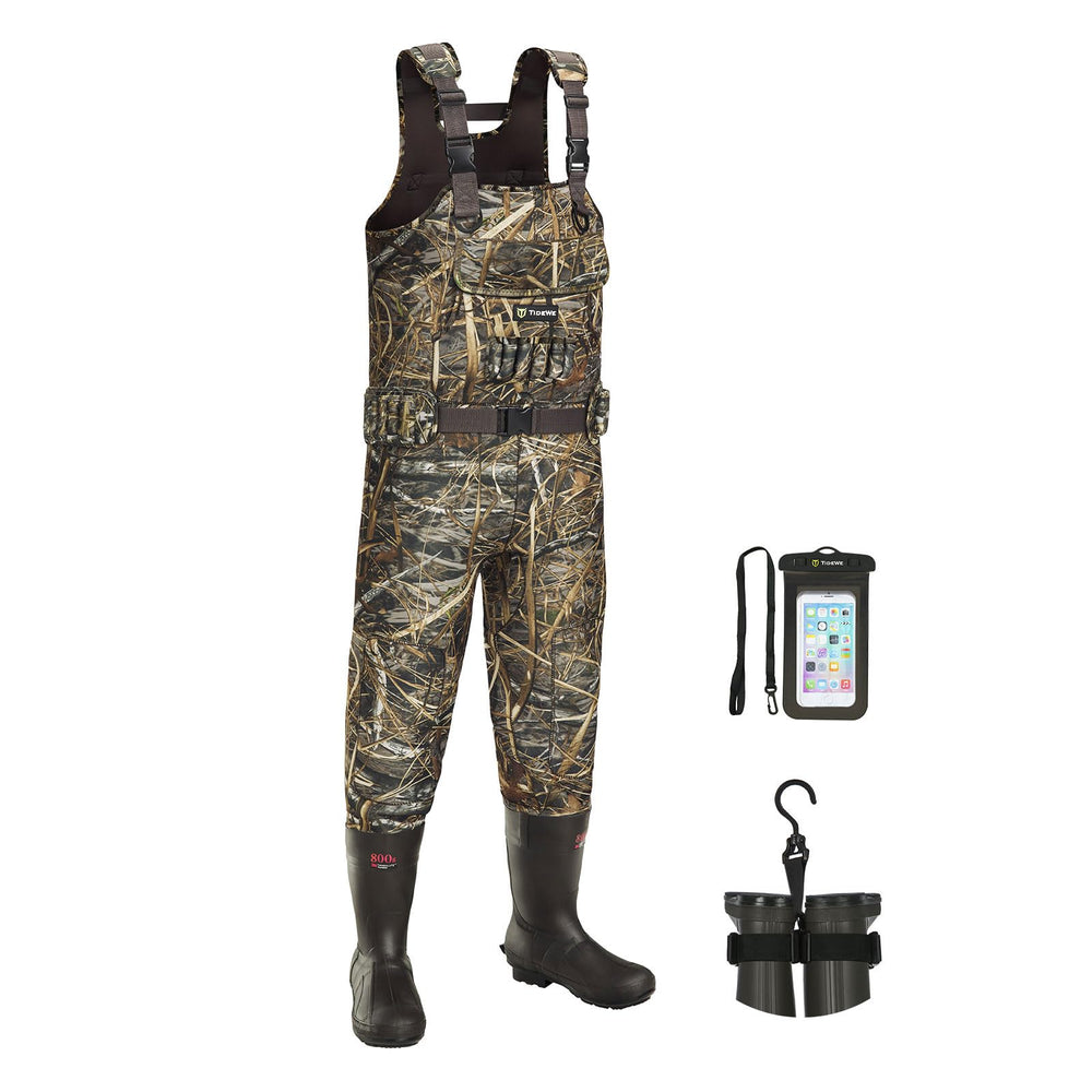 TIDEWE men's camo Evos waders front view with waterproof upper and reinforced seams for hunting or fishing.