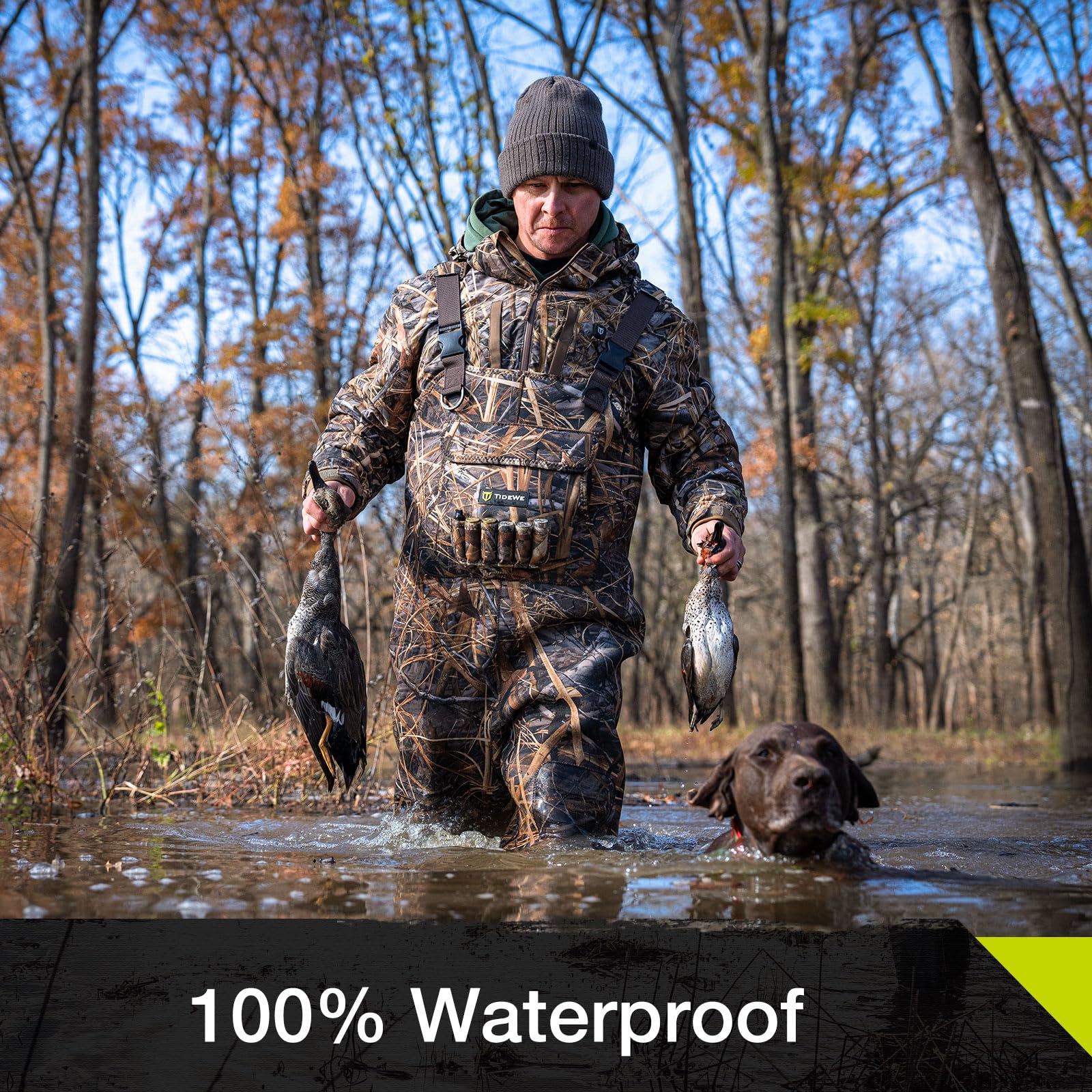 TIDEWE Evos waders side view highlighting 3.5 mm neoprene and durable shell for rough terrain.