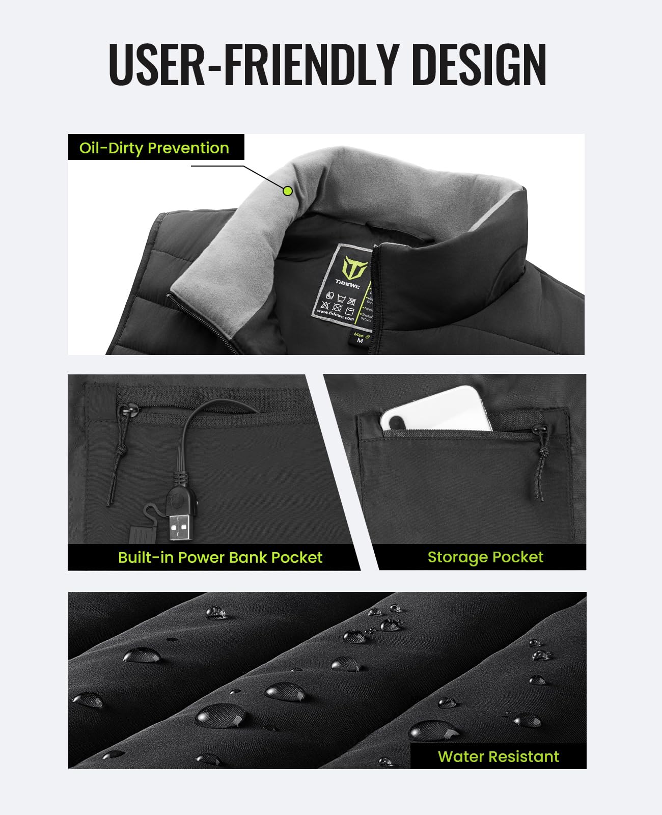 TIDEWE heated vest black back view highlighting heating zones