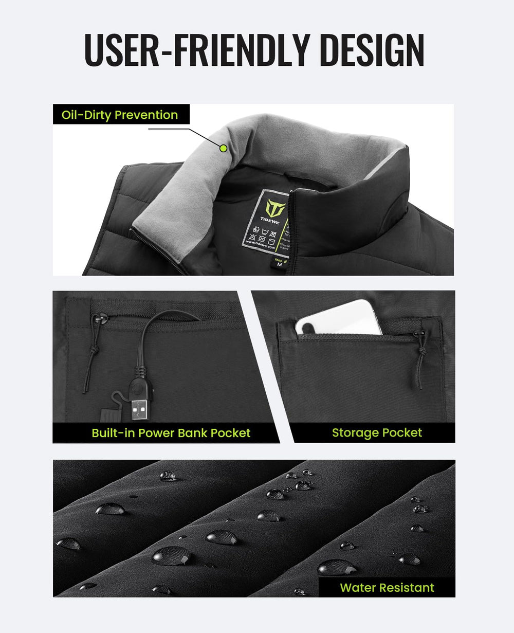 TIDEWE heated vest black back view highlighting heating zones