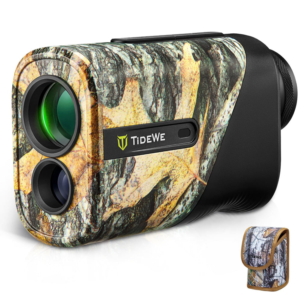 TIDEWE rangefinder mini in leaf camo case for stealthy hunting setups.