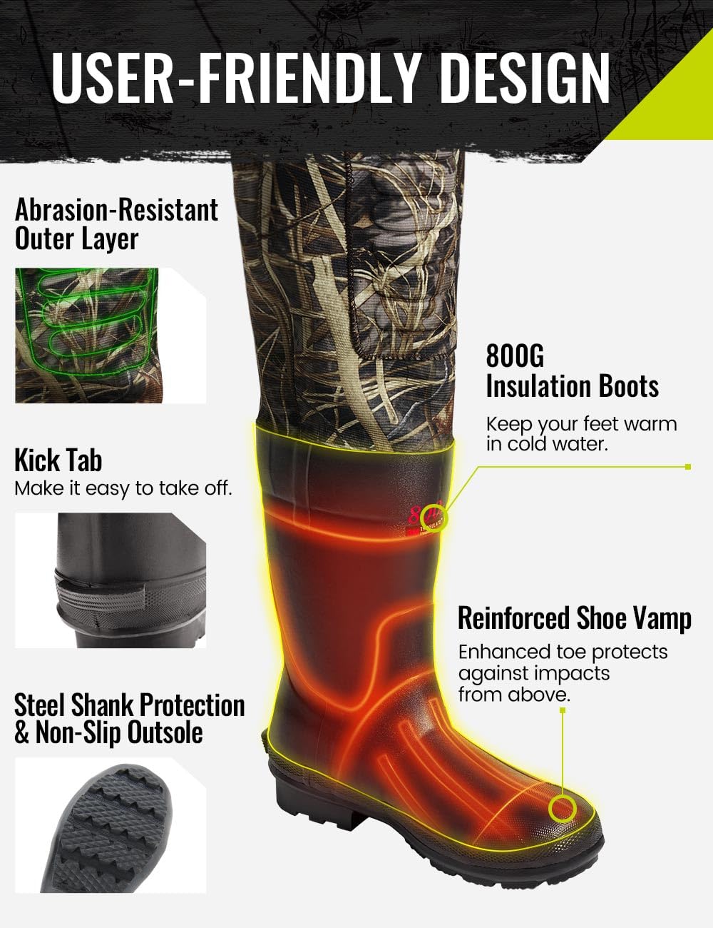 TIDEWE reinforced boot vamp for puncture protection on rugged terrain.