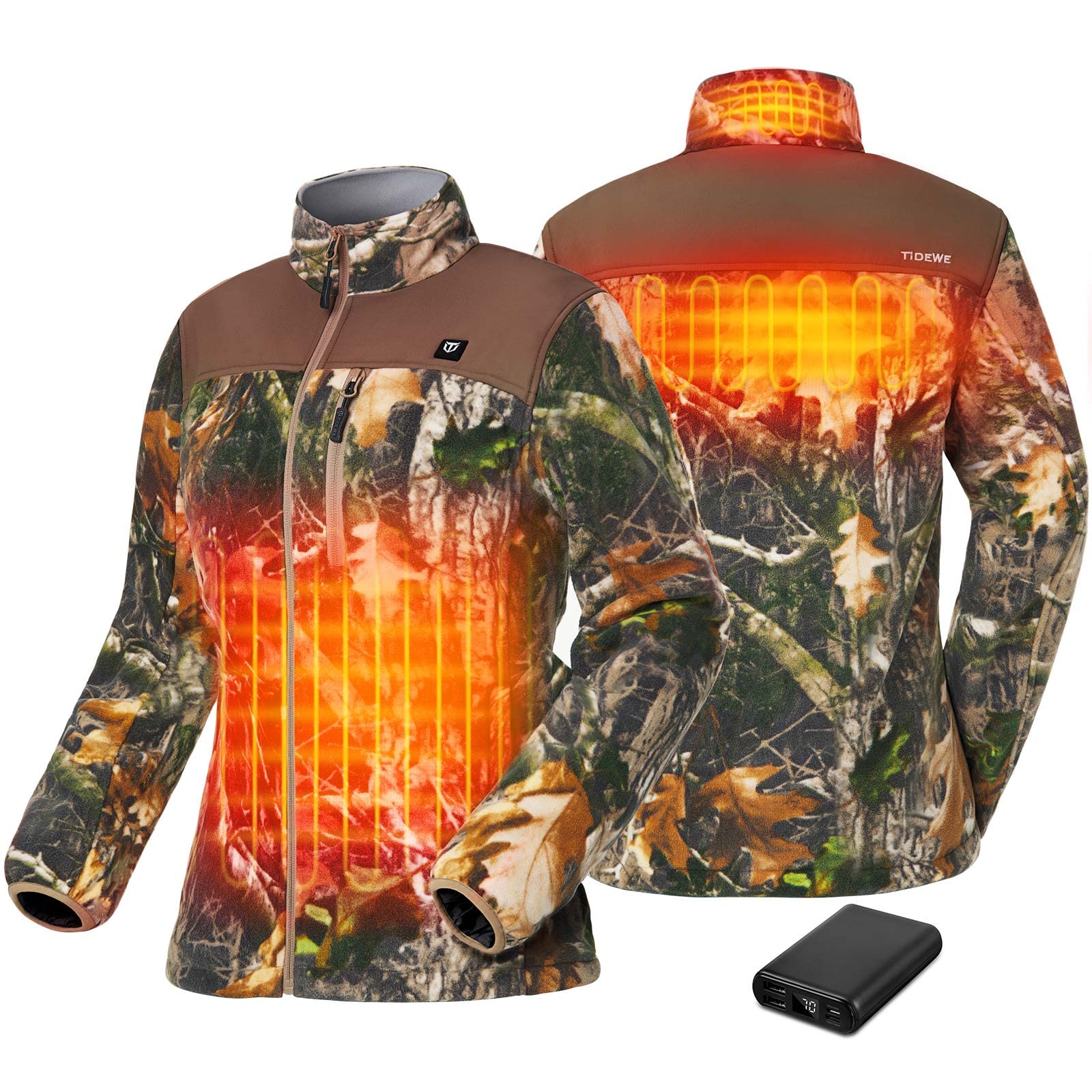 TIDEWE women's heated jacket camo front view for hunting warmth