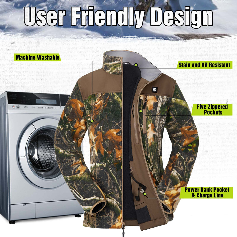 TIDEWE women's heated jacket outdoor hunting scene shows camouflage versatility