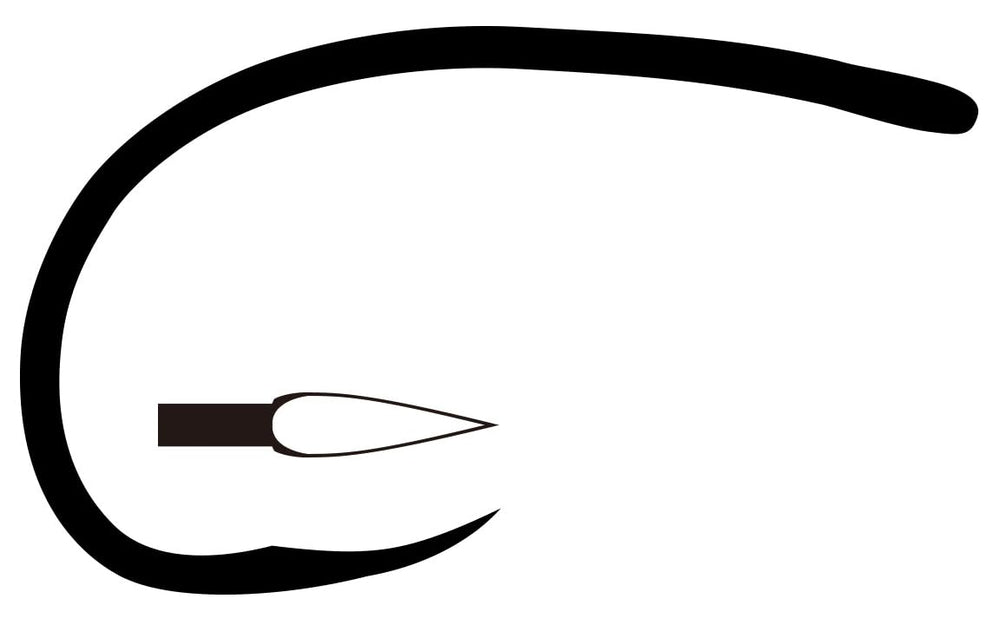 TIEMCO Q100 hook profile view highlighting curved short shank for versatility
