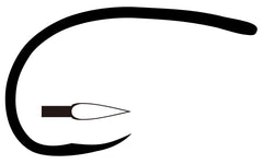 TIEMCO Q100 hook profile view highlighting curved short shank for versatility