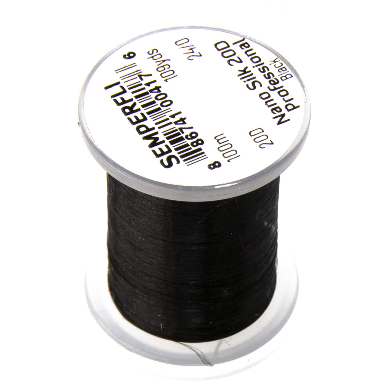 TIEMCO Nano Silk 20D 24/0 Black thread close-up, ultra-strong threading for micro to large flies.