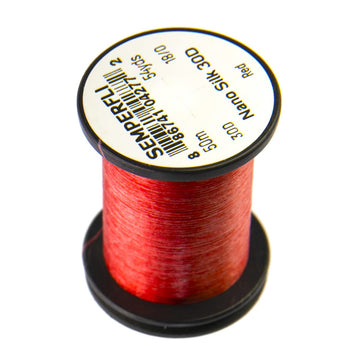TIEMCO SemperFli Nano Silk Ultra 30D 18/0 red on spool showing ultra-fine strength for tiny flies