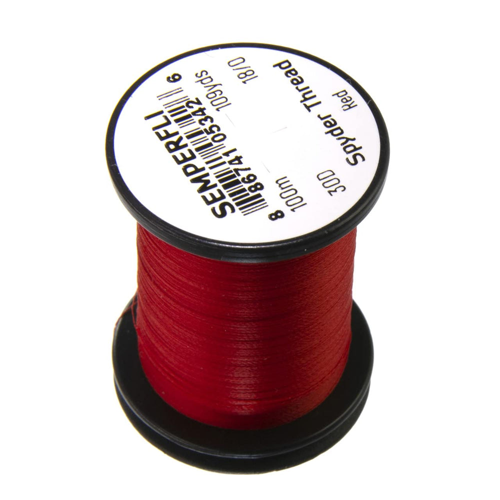 TIEMCO Semperfli Spyder Thread Red close-up showing translucent, ultra-thin strength for delicate wraps.