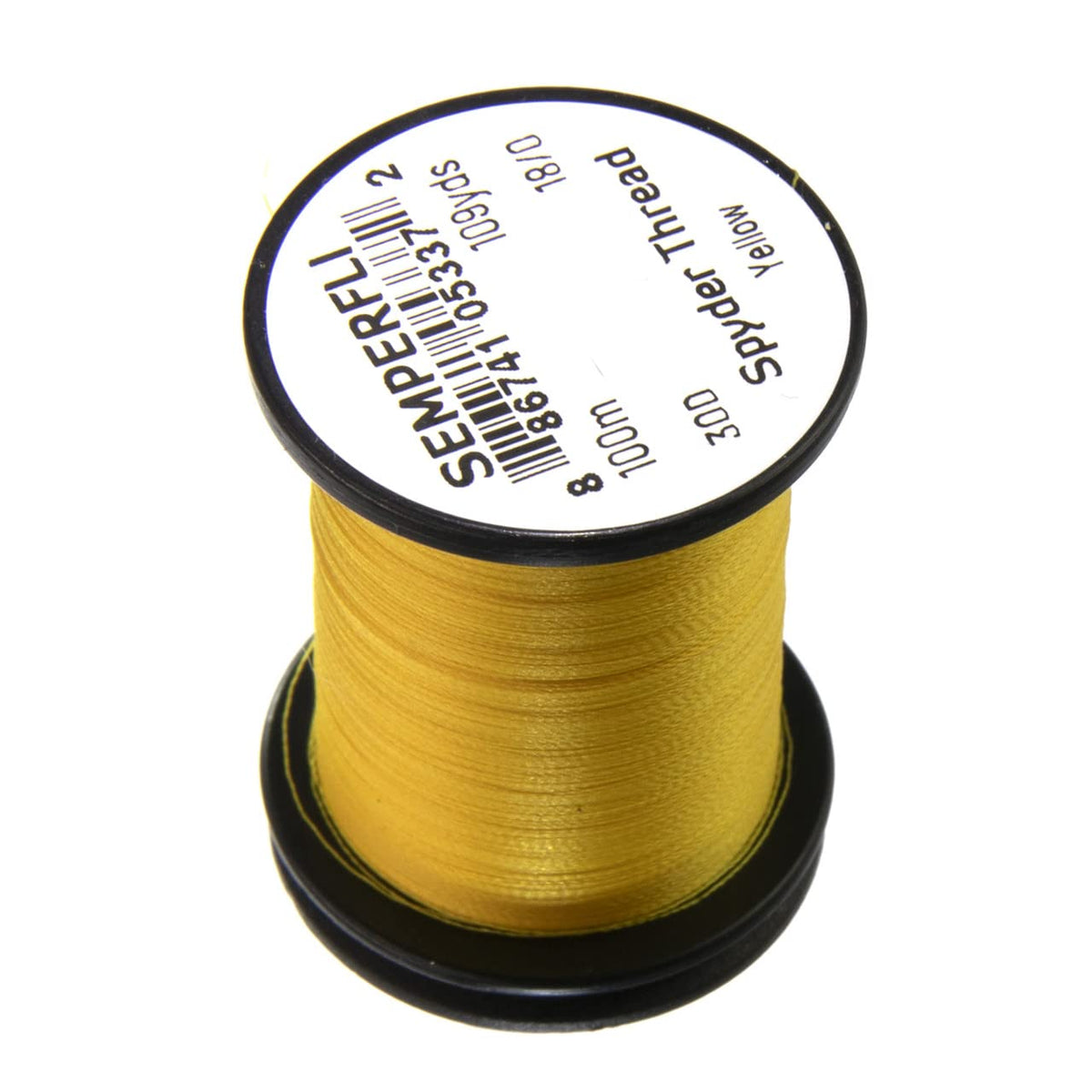 TIEMCO Spyder Thread Yellow spool shown, highlighting ultra-thin strength for micro fly tying.