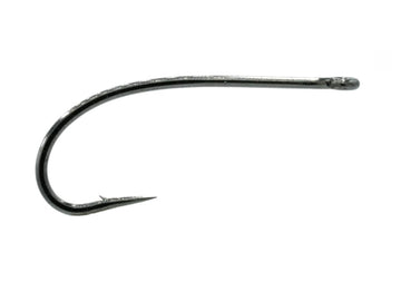 TIEMCO TMC 201R hook close-up in black nickel shows forged durability for nymphs and dries.