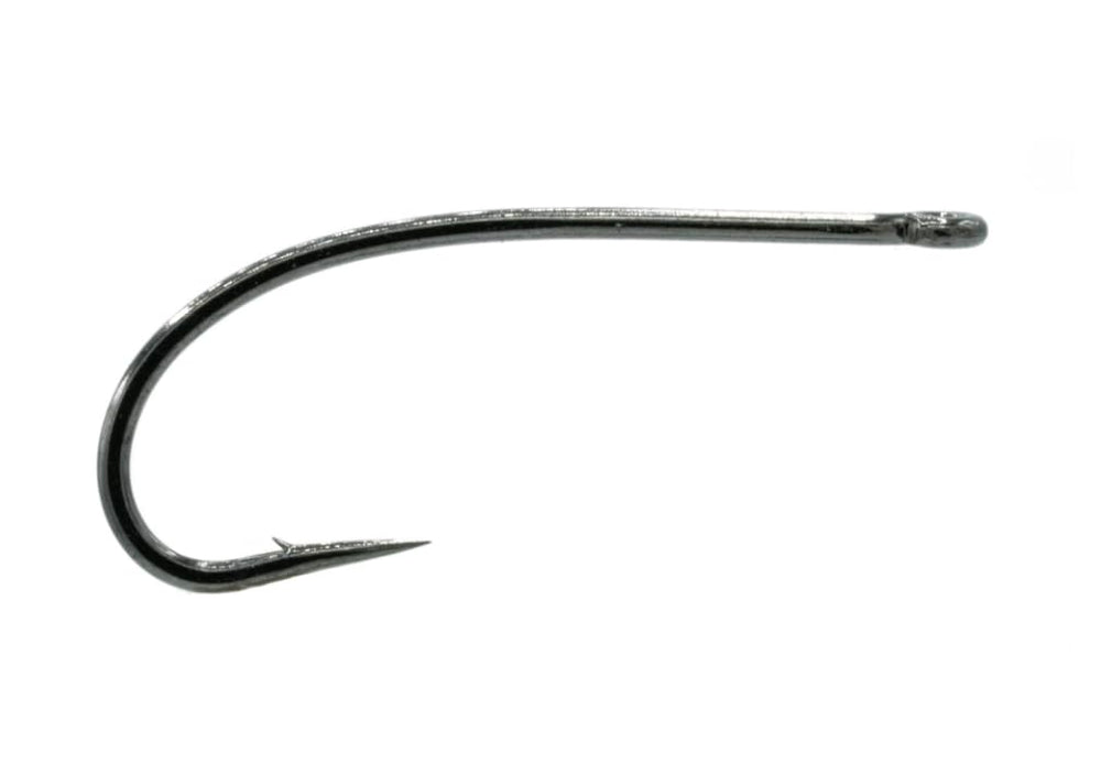 TIEMCO TMC 201R hook close-up in black nickel shows forged durability for nymphs and dries.