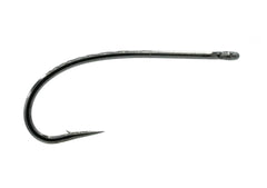TIEMCO TMC 201R hook close-up in black nickel shows forged durability for nymphs and dries.