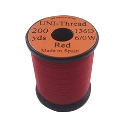 TIEMCO Uni Thread 6/0 red spool showcased for durable fly tying wraps.