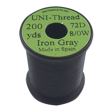 TIEMCO UNI Unithread 8/0 Iron Gray spool showing strong, even thread for versatile fly tying.