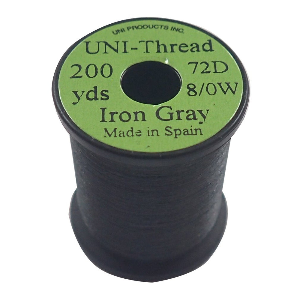 TIEMCO UNI Unithread 8/0 Iron Gray spool showing strong, even thread for versatile fly tying.