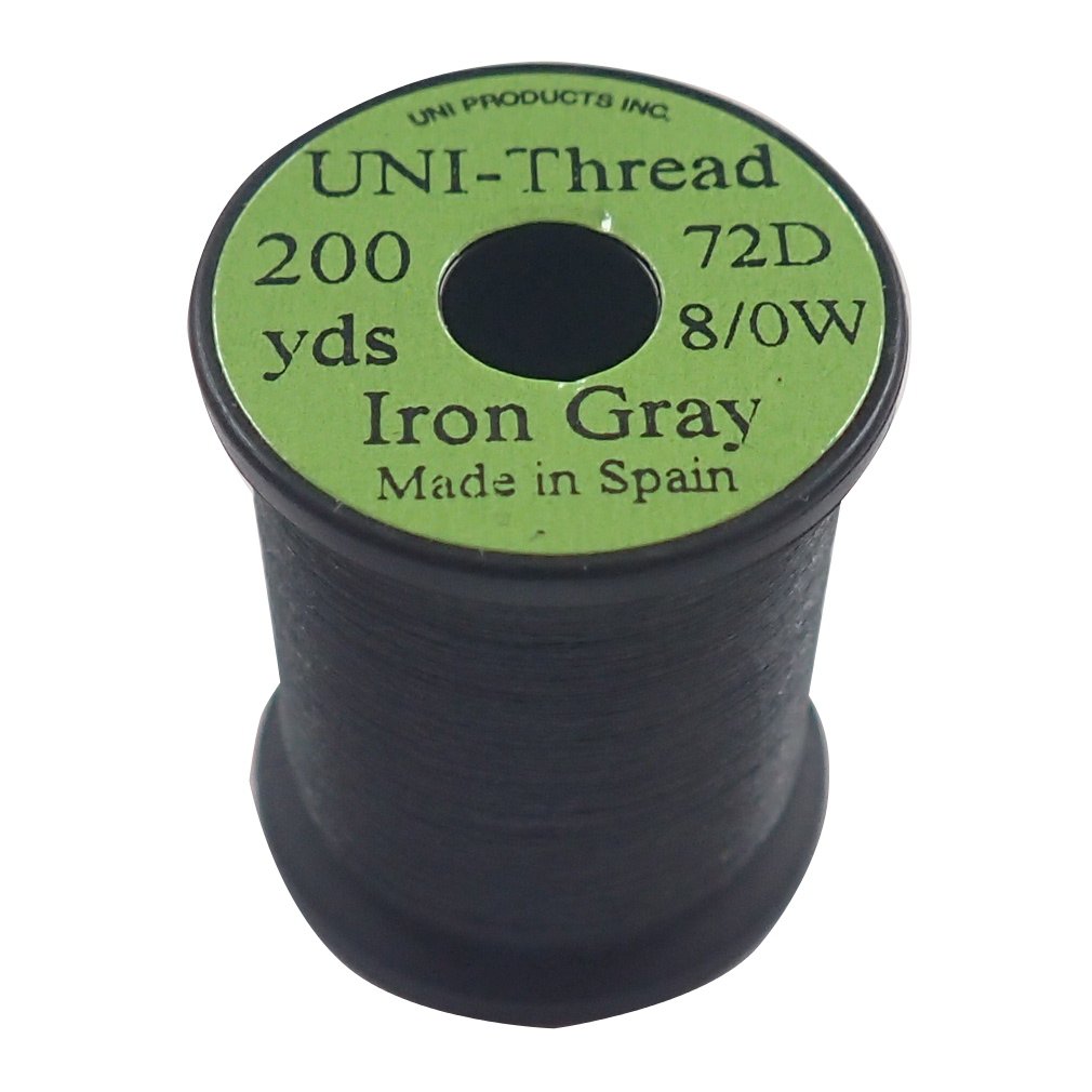 TIEMCO UNI Unithread 8/0 Iron Gray spool showing strong, even thread for versatile fly tying.