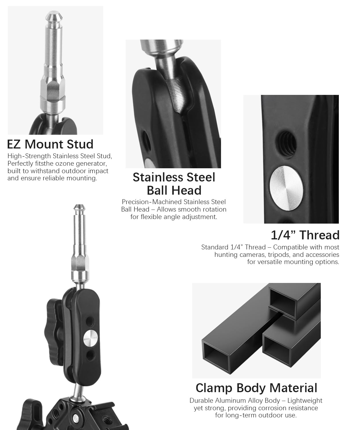 Tiga adjustable clamp mount on HR500 shows durable aluminum and stainless steel build