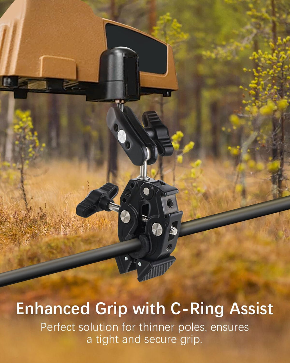 Tiga clamp mount on tree trunk enables stable scent eliminator placement