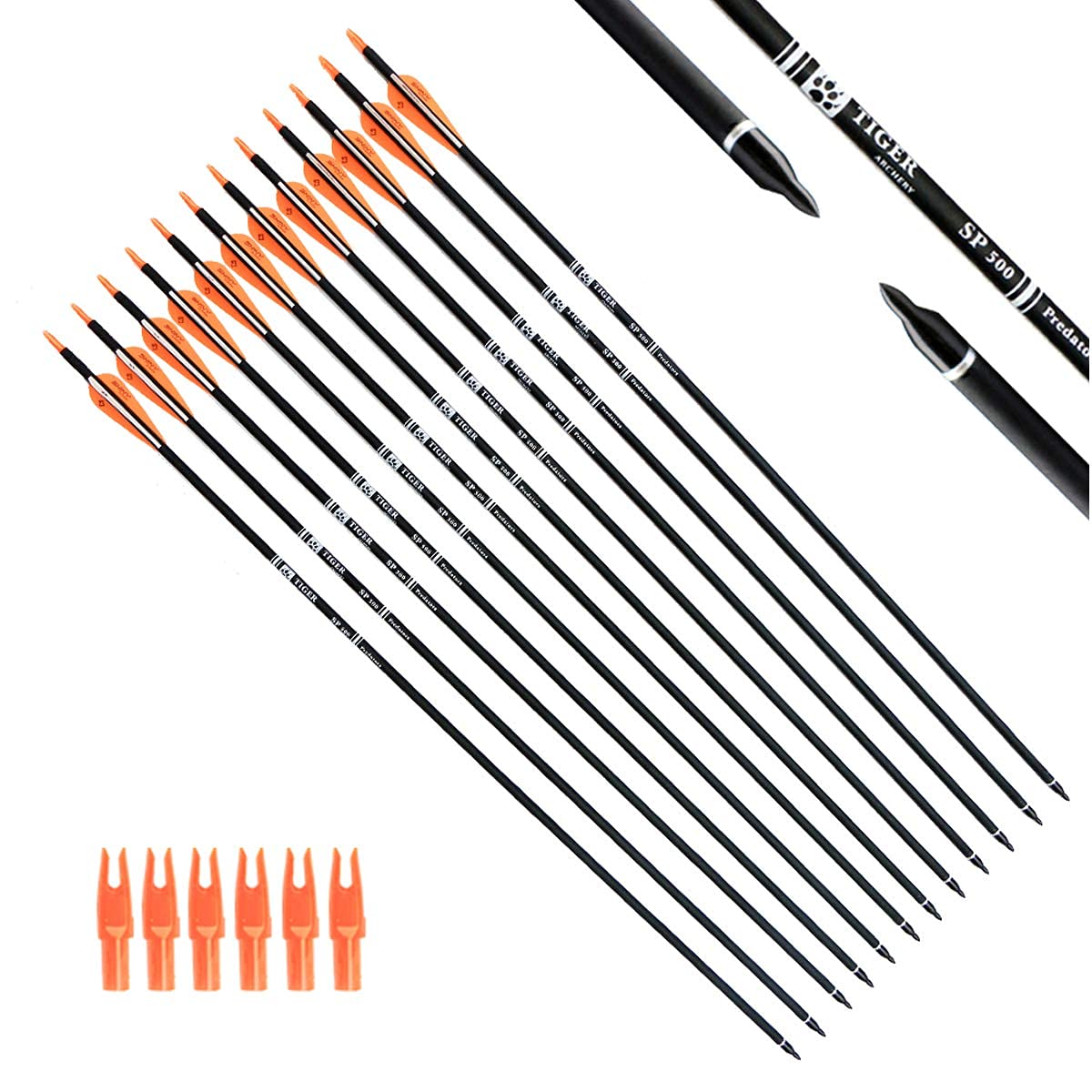 Tiger Archery 30in carbon arrow with orange-white vanes for consistent flight during practice